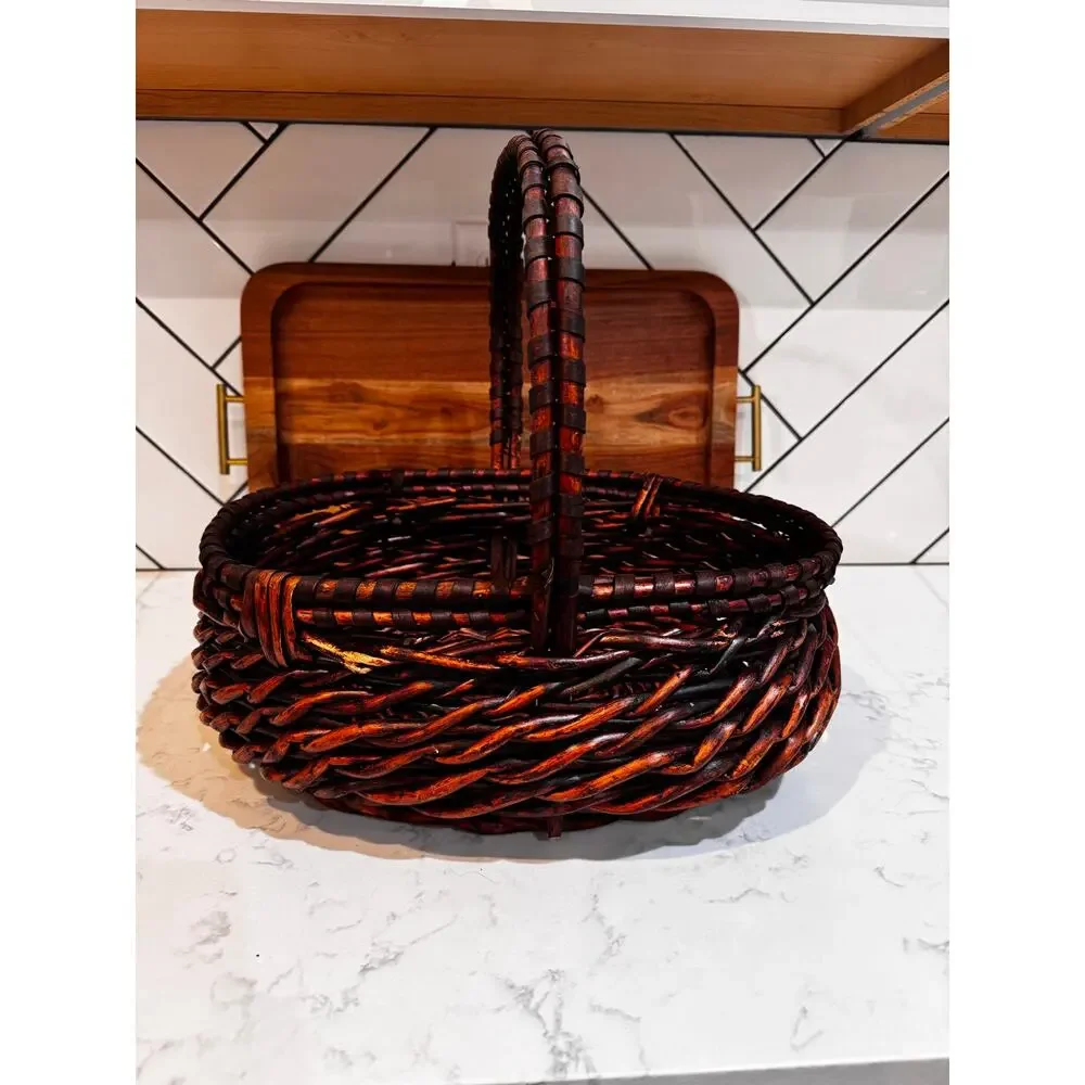 dark stained willow basket rustic handwoven texture sturdy center handle vintage